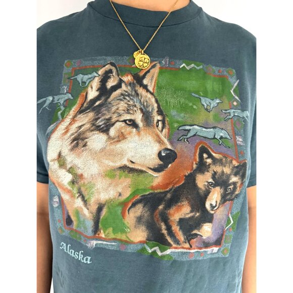 90s vintage animal wolf alaska graphic single stitch short sleeved tee shirt - Picture 2 of 10